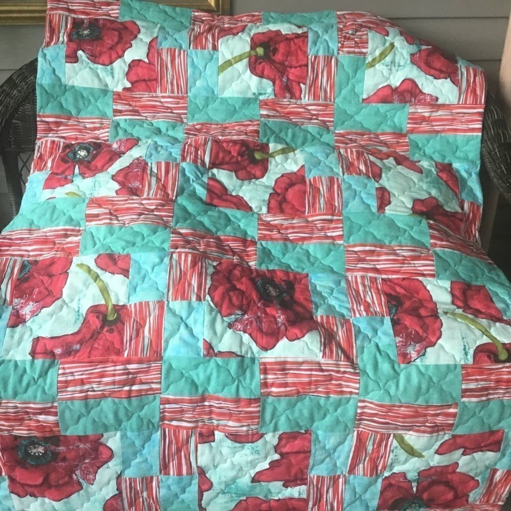 Hand Crafted Quilt Turquoise and Red - Picture 2 of 15
